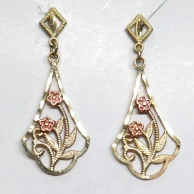🌸🌼Gorgeous Real 10K Yellow Rose Gold Dangle Earrings openwork flowers - Image 1 of 4