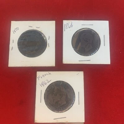 1862 Napoleón, 1866 Emmanuel Vittorio, 1870 España Diez Céntimos - Lote de 3 piezas Foto 1 de 4
