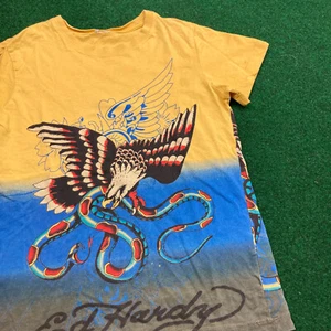 Vintage Ed Hardy Shirt Boys S Yellow Blue Christian Audigier Eagle Snake Y2K Tee - Picture 1 of 15