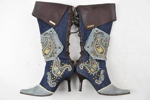 Vintage Karen Millen Boots Y2K Women's Size 36 UK 3 Denim Patchwork Stilettos - Picture 1 of 8