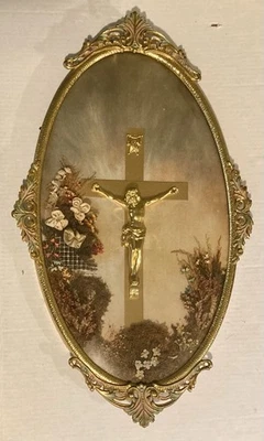 De colección Crucifijo Jesús Convexo Ovalado Burbuja Vidrio Marco Latón Flores Foto 1 de 4