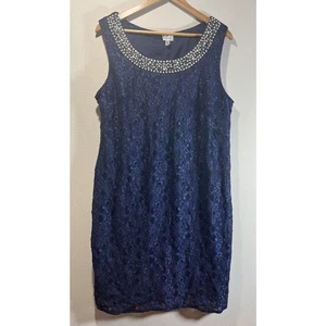Avenue Size 14W Navy Rhinestones & Pearls Sleeveless Glitter Lace Mini Dress NWT - Picture 1 of 12