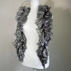 Vintage Y2K Silver/Leopard Print Ruffle Scarf Womens One Size Satin Glam - Picture 1 of 4