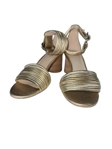 Paige Gold Metallic Strappy Woody Block Heel Sandals Luxe Leather Ankle Strap 6 - Picture 1 of 24