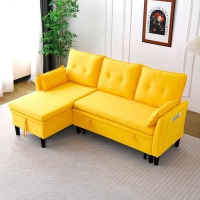 Современный L-образный секционный диван-кровать из хлопка и льна с выдвижной кроватью и местом для хранения - Изображение 1 из 4