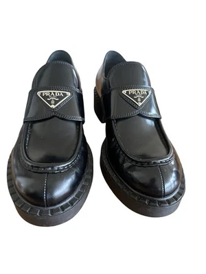 PRADA Brushed Leather Loafers Size 38 / 8 US Black Chocolate Chunky Logo AS NEW - Image 1 of 4