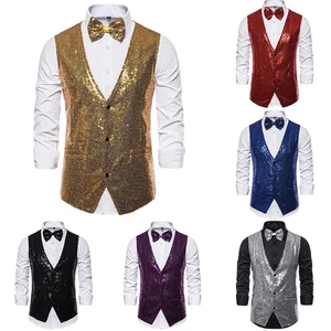 Sparkling V Neck Royal Blue Sequin Dress Vest for Men Slim Fit Glitter Tuxedo - Picture 1 of 19