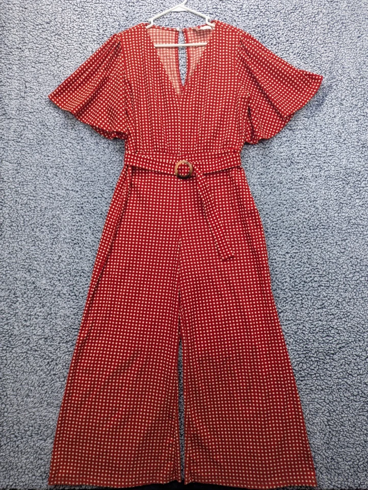 Mono Anthropologie Margaret Cinturón Talla 10 Pierna Ancha Guinga Cuadros Boho Rojo Foto 1 de 4