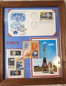 APOLLO 11 Moon Landing Cachet 1969 Dual Cancel First Day Cover Stamps LOT framed - Picture 1 of 4