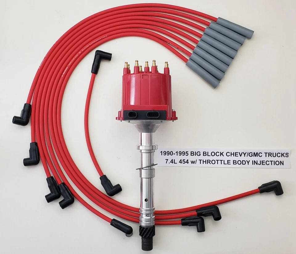 1990-1995 CHEVY/GMC TRUCKS 7.4L 454 TBI DISTRIBUTOR + RED 8MM Spark Plug Wires - Image 1 of 1