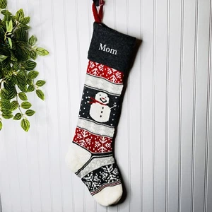 Pottery Barn Kids MOM Knit Snowman Tree Fair Isle Christmas Stocking NWOT 32” - Picture 1 of 6