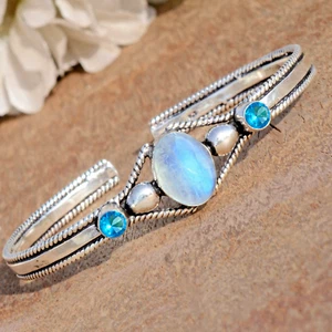 Brazalete de moda de plata de ley 925 con piedras preciosas de topacio azul y piedra lunar arco iris - Imagen 1 de 9