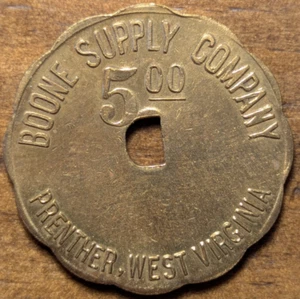 Prenter 1951, West Virginia WV Boone Supply Co. Ficha Orco Scrip mal escrita de $5 - Imagen 1 de 4