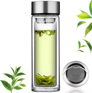 Glass Tea Infuser Bottle Tea Flood Cup 12Oz/350Ml, Double Wall Borosilicate Port - Picture 1 of 12
