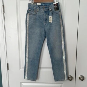 Pantalones de mezclilla Levis 501 originales recortados buenos como plateados lavados claros pedrería 28 x 28 - Imagen 1 de 11