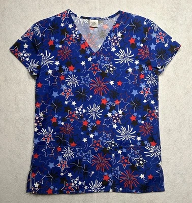 B Scrubs Scrub Top 4th Of July Stars Fireworks Red White & Blue Ladies Size S - Image 1 of 4