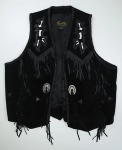 Vintage Scully Hand Beaded Genuine Leather Vest Fringed Black Size 48 2XL - Picture 1 of 9