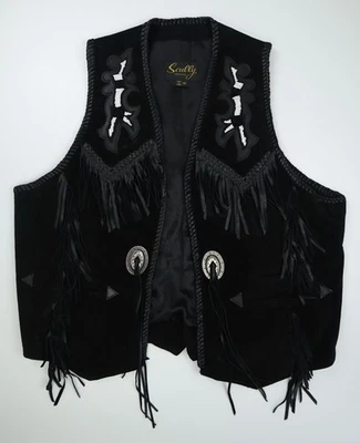 Vintage Scully Hand Beaded Genuine Leather Vest Fringed Black Size 48 2XL - Image 1 of 4