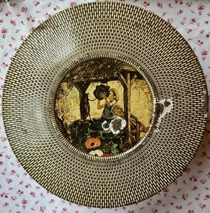 VINTAGE 1930s Boys at Well Poppies Embossed Basket Weave Large Cookie Tin 10” - Picture 1 of 12