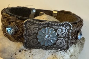 Western Blue Flower Snap Bracelet Horse Hair Leather Silver - Picture 1 of 4
