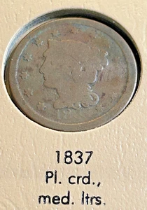 1837 Coronet Head Large Cent, Medium Letters, Well Used, Rim Damage - Picture 1 of 6