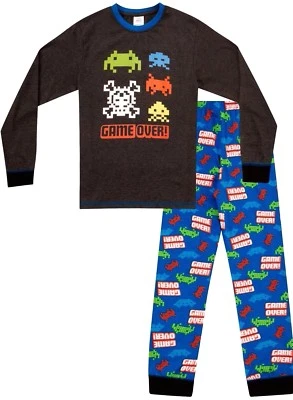 Boys Game Over Long Pyjamas 8 to 15 Years COMPUTER GAME Grey-Blue