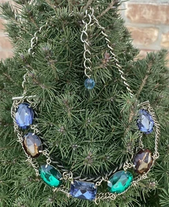 ✅ Vtg Chunky Necklace Green Purple Amber Shiny Faux Gemstone 16"-20" Chain - Picture 1 of 13