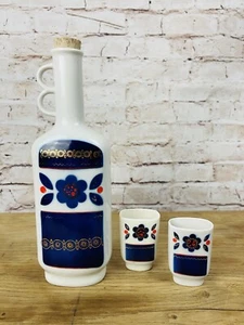 Vintage Russian Porcelain Decanter Carafe Shot Glass Set Blue Orange Gold Floral - Picture 1 of 15