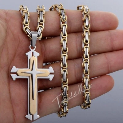 COLLAR COLGANTE de acero inoxidable bizantino cruz cadena enchapado en plata/oro para hombre Foto 1 de 4
