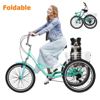 MOONCOOL Folding Tricycle 7-Speed Adult Trikes 3 Wheel Cruiser Bike w/ Basket US - Image 1 of 4