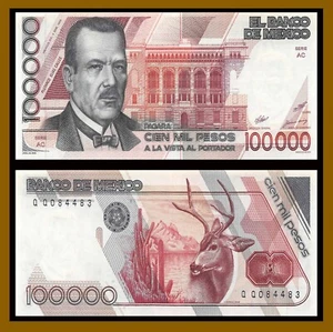 Mexico 100000 (100,000) Pesos, 1988 P-94a (Serie AC) Banknote (Unc 61) - Picture 1 of 1