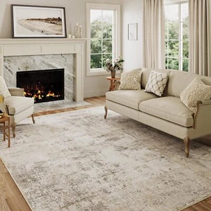 5x7 Washable Area Rug Beige Grey Neutral Abstract Living Room Bedroom Throw Rug - Picture 1 of 1