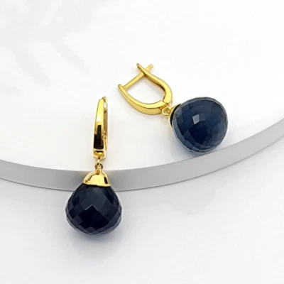 Sapphire Blue Simulated Earring Faceted 925 Sterling Silver Teardrops Drops - Image 1 of 4