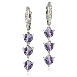 Sterling Silver Amethyst and White Topaz Heart 3-Stone Dangle Earrings - Picture 1 of 3