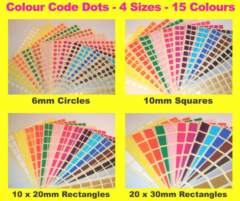 10mm Squares 10 x 20mm Rectangles Colour Code Dots Price Stickers Sticky Label
