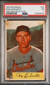 1954 Bowman Don Lenhardt #53 .969/.984 fielding PSA 1 Orioles