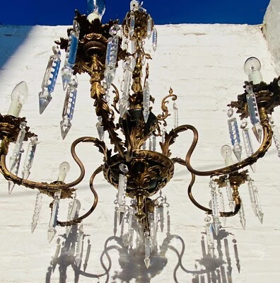 Enorme araña antigua de brazos franceses, lanzas de hielo, figurativa, Tole negro, Ormolu Foto 1 de 4