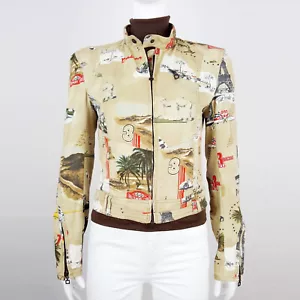 MARC CAIN CS31.12W58 Biker Moto Jacket Racing Print Stretch Cotton Twill N3 38 M - Picture 1 of 6