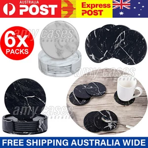 6x Coasters with Holder Marble Texture Round Cup Mat Pad Set For Drinks MEL - Picture 1 of 10