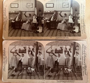 A LOT OF 3  UNDERWOOD  STEREOVIEW COMPANY STEREO CARDS SPANKING GOOD TIME 1890 - Picture 1 of 6