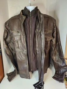 Herren braun Leder Langarm Taschen durchgehender Reißverschluss Biker Jacke Größe 2xl - Bild 1 von 9
