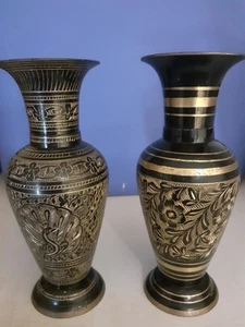 2x 6 Inch Engraved Brass Vases - Picture 1 of 6