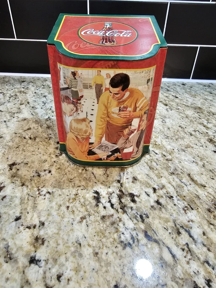 Vtg Tin Box Coke Coca Cola Storage Advertising Soda Fountain Hinge Lid Diner '96 - Image 1 of 4