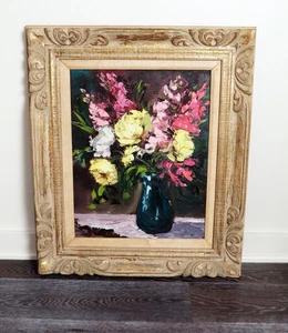 1950's Floral Still Life Oil Painting 16" X 20" Original Art UNFramed Vintage - Picture 1 of 9
