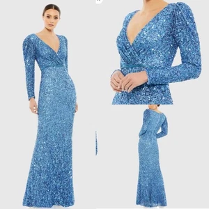 Mac Duggal Puff Shoulder Sequined Surplice Gown Maxi Dress French Blue FLAWED - Picture 1 of 17