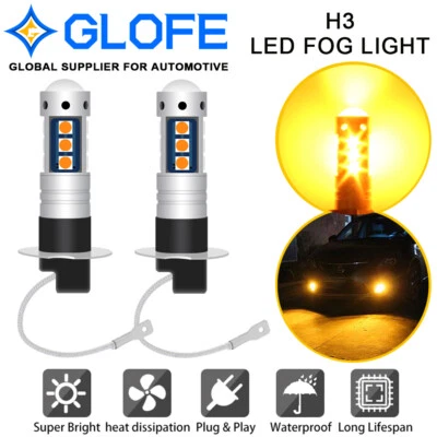 2pcs H3 3000K Amber 15SMD 3030 LED Bulb DRL Turn Signal Light For Audi A3 A4 A5 - Image 1 of 4