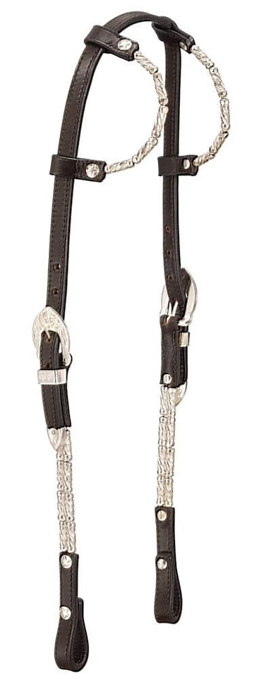 TOUGH-1 Western Silver Ferrule Show Headstall - Bridle - Double Ear - Dark Oil Leather