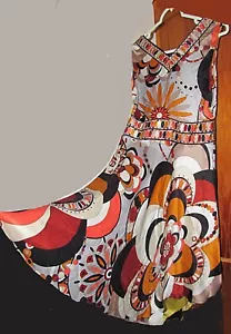 vtg Emilio Pucci 100% silk dress mod print flaired skirt beaded & jeweled Italy - Picture 1 of 17
