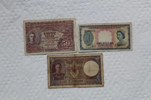 Malaya and Ceylon Banknotes, 50 Cents 1941, 1 Dollar 1953, 2 Rupees 1941 - Picture 1 of 7