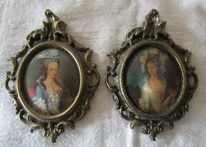 Pair of Antique Mini Victorian Ornate Italian Silk Cameo Art Picture Brass Frame - Picture 1 of 2